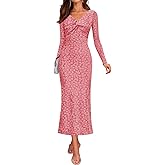 ZESICA Women's Fall Floral Long Sleeve Bodycon Dress 2026 Elegant V Neck Cocktail Party Long Midi Dresses