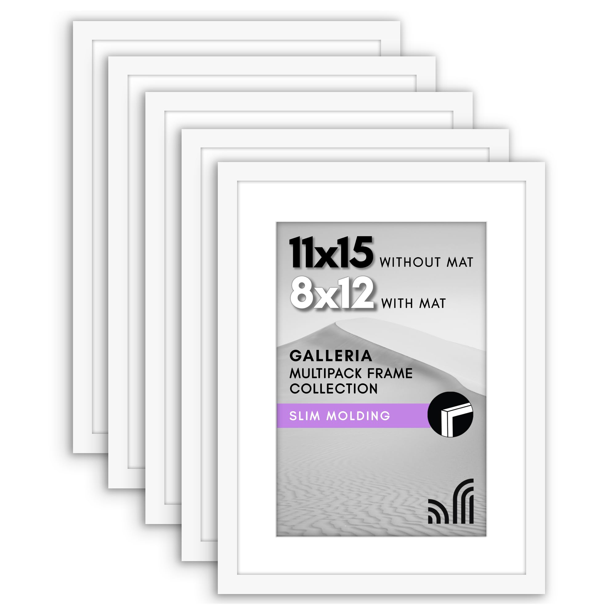 Americanflat 11x15 Picture Frame with Polished Plexiglass - Set of 5 - Use as 8x12 Frame with Mat or Display 11x15 Photo Without Mat - Galleria Collection - Picture Frames for Wall Display - White Image