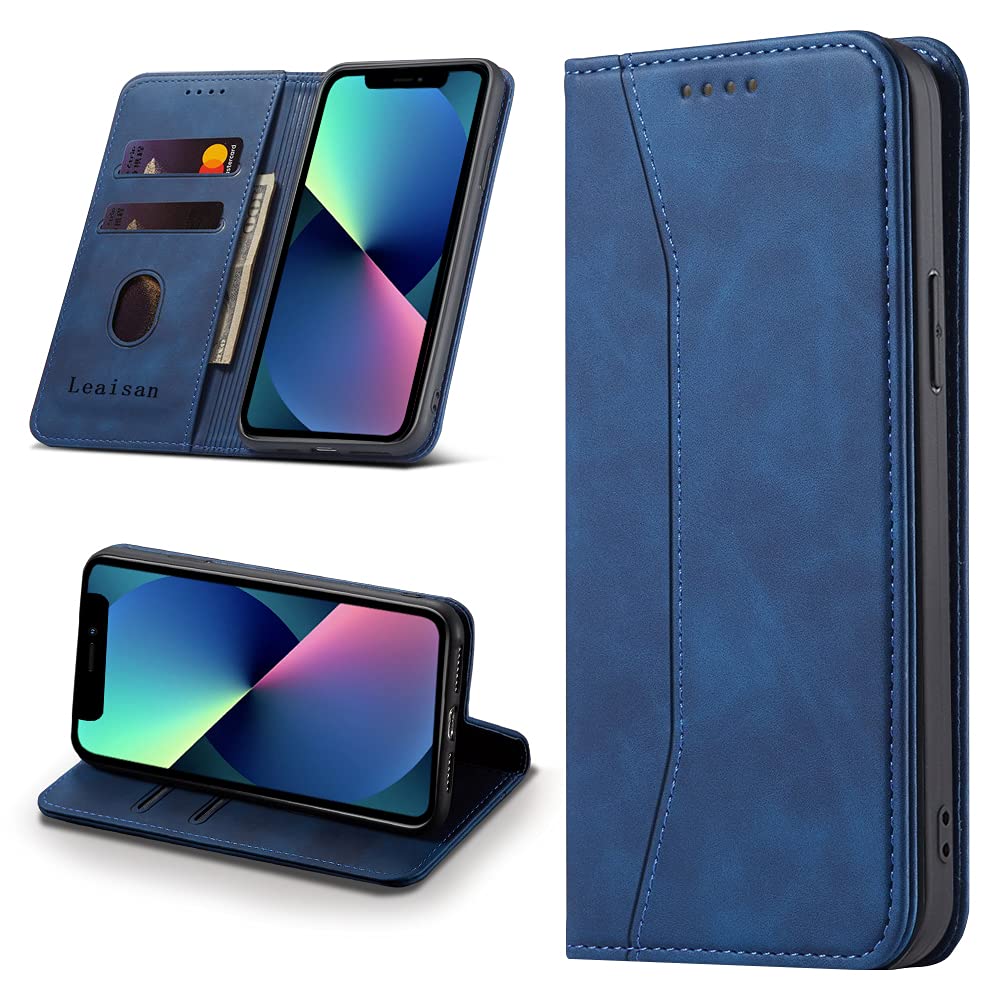 Leaisan Mobile Phone Case for iPhone 13 Premium Leather Flip Foldable Shockproof Magnetic [Stand Function] [Card Slots] Protective Case for iPhone 13 Case - Blue