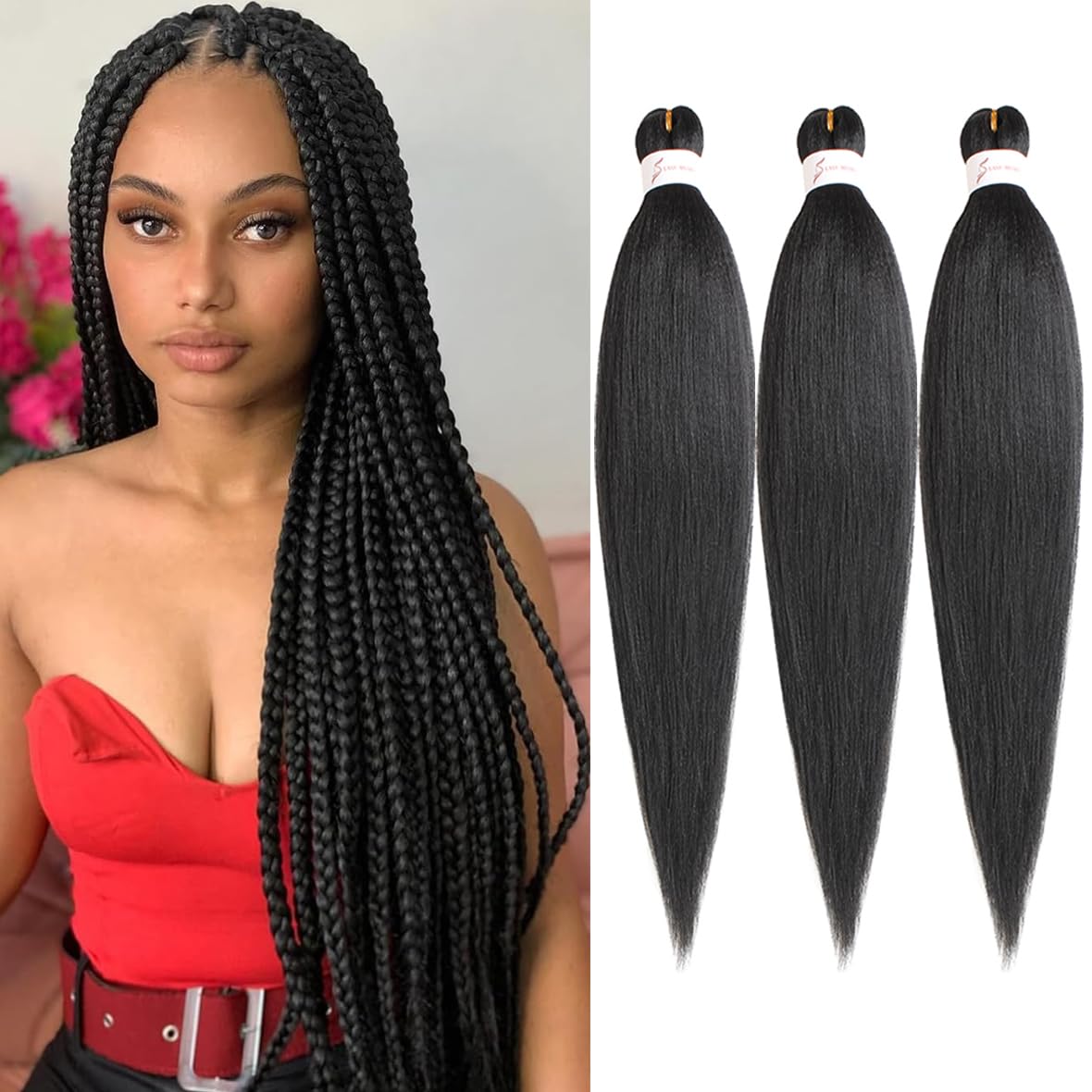 Kachanaa 26 Inch Pre Stretched Braiding Hair 3 Packs EZ Braids Yaki Hot Water Setting Kanekalon Hair for Braiding Yaki Texture Pre Stretched Braiding Hair Extensions 1B#