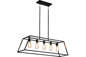 XISLTHOTSL Black Kitchen Island Lighting, 5-Light Farmhouse Chandeliers, Modern Industrial Linear Rectangle Pendant Light Fixtures for Dining Room Kitchen Bar Foyer(Metal, E26 Base)