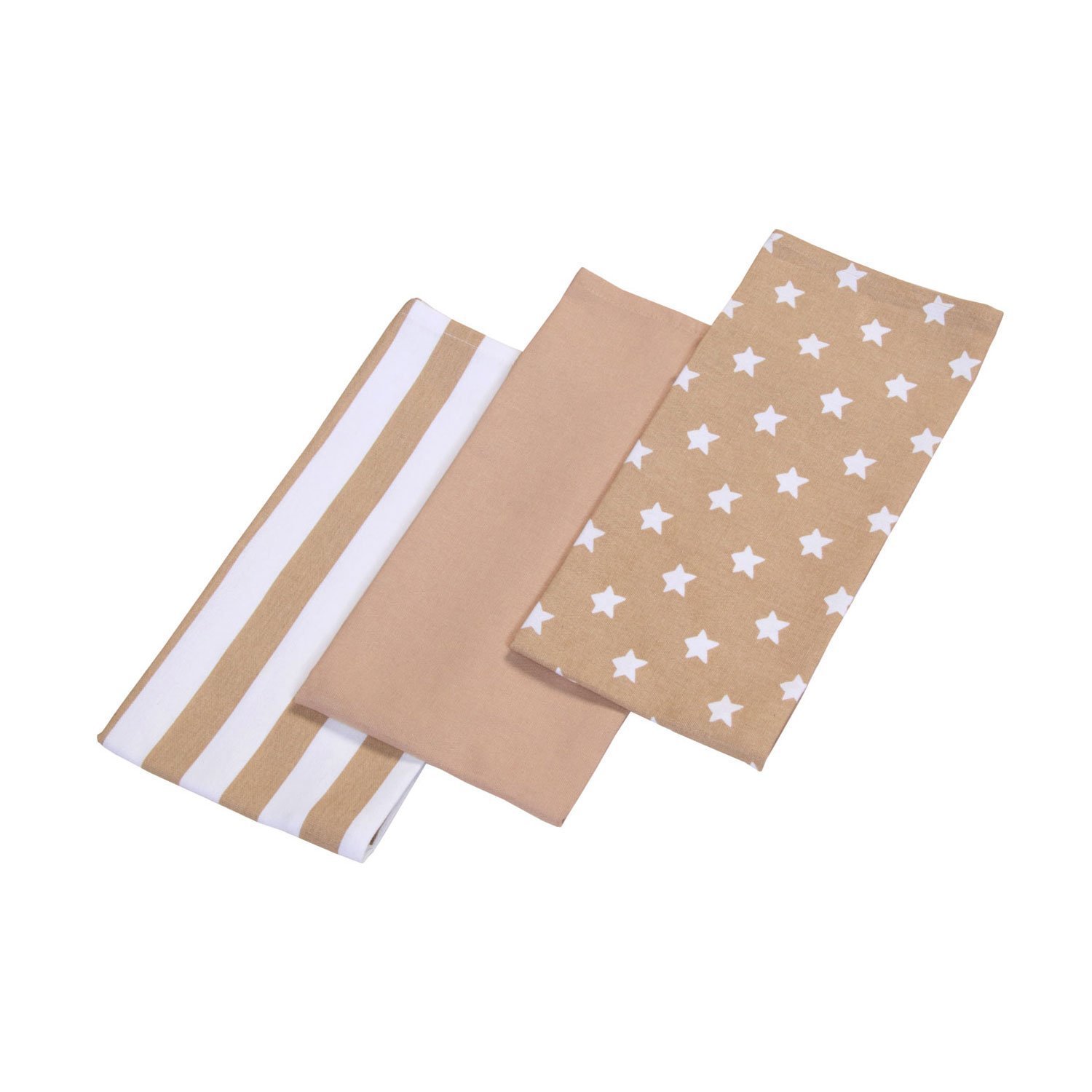 HOMESCAPES - Pure Cotton Tea Towels Set of Three - Stars - Beige White - 50 x 70 cm - Fully Coordinated Washable Kitchen Linen