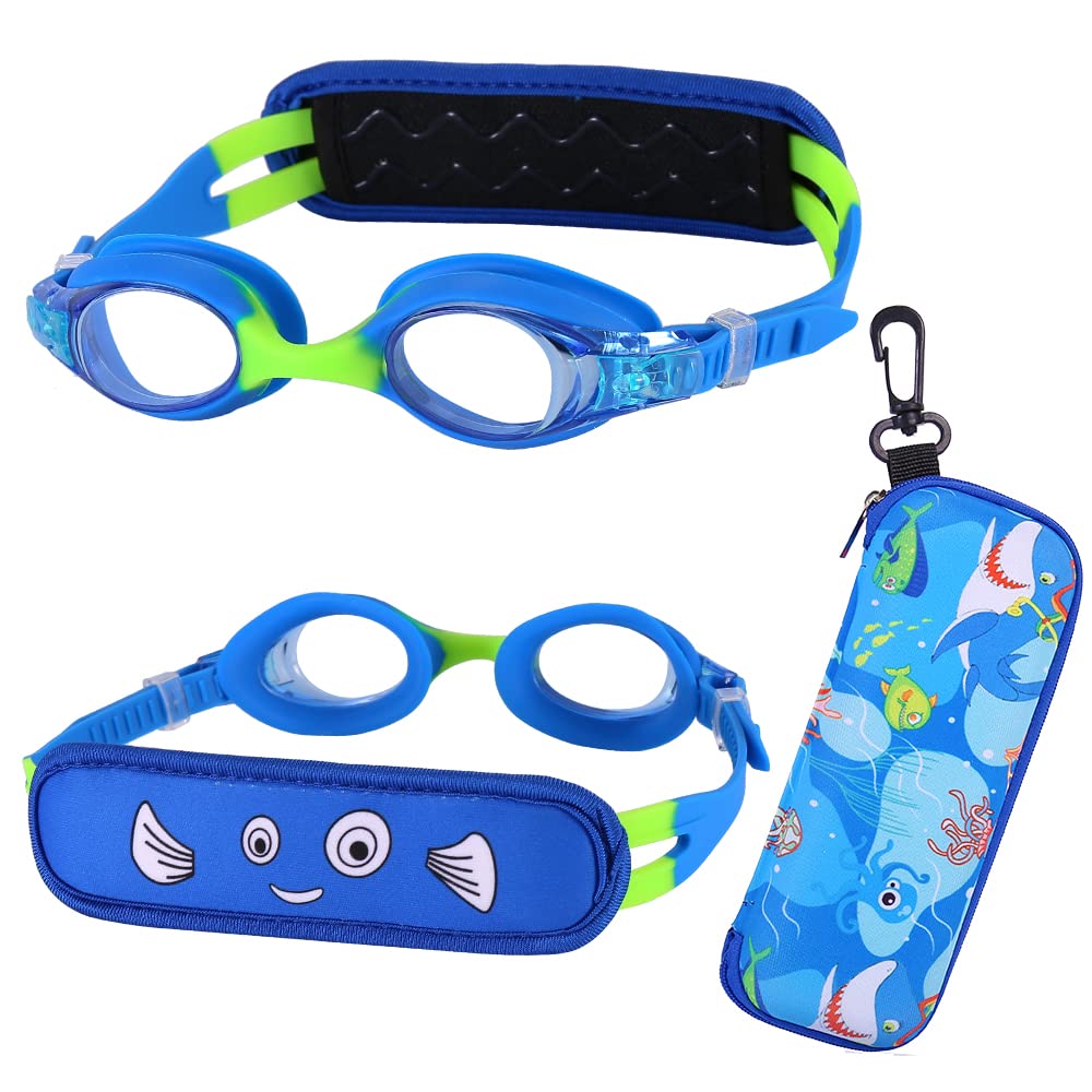 RUIGAO Kids Swim Goggles Age 2-8，Kids Goggle Fabric Strap Pain Free & No Tangle, Toddler Swimming Goggles with Character Casee Blue Toddler Goggles for Boys