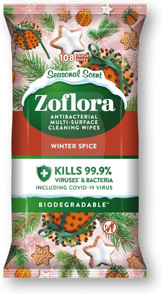 Zoflora Winter Spice Biodegradable Wipes 108 Sheets Antibacterial Multi-Surface