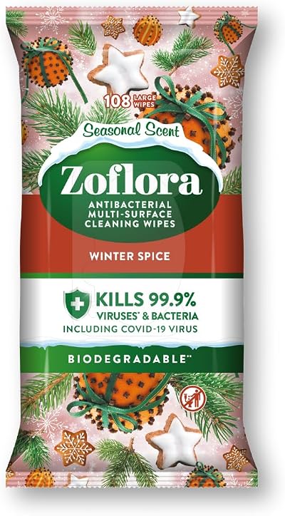 Zoflora Winter Spice Biodegradable Wipes 108 Sheets Antibacterial Multi-Surface