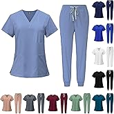 Scrubs for Women Set Stretch V-Neck Scrub Tops & Cargo Pant Quick Drying Solid Medical Nurse Uniform with Pockets
