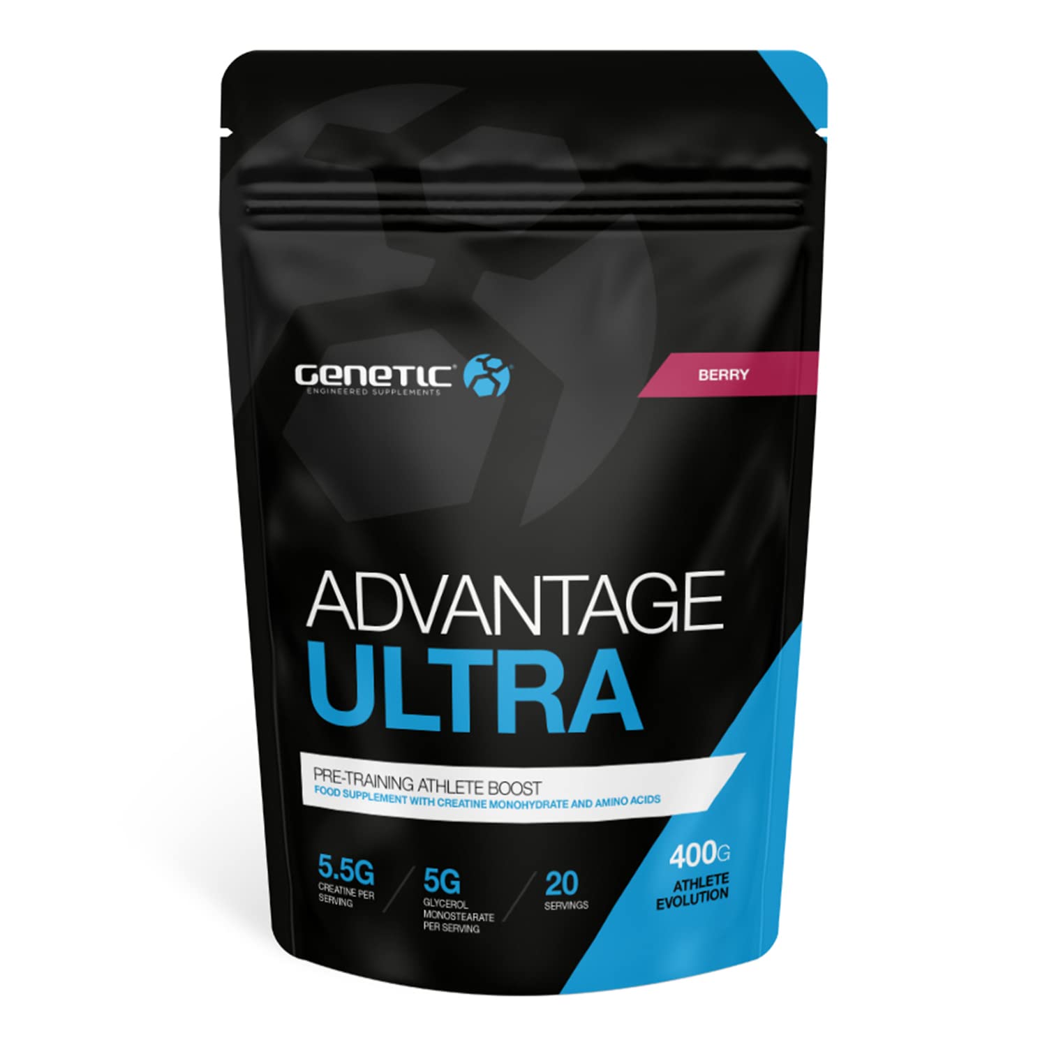 Genetic Supplements - Advantage Ultra Caffeine Preworkout Drink - Gym Energy Supplements - Berry - 400g