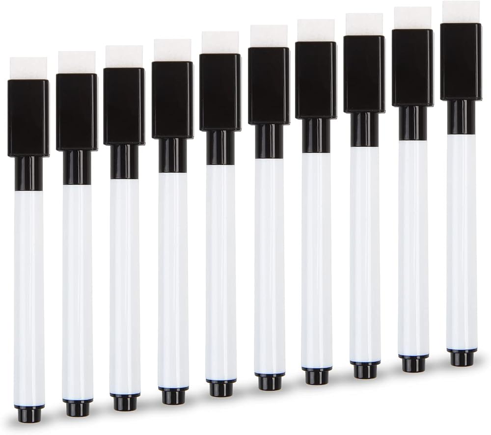 VEYLIN Small Whiteboard Pens 10Pcs Black Dry Wipe Fine Tip with Eraser