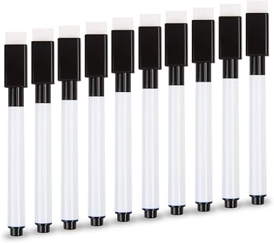 VEYLIN Small Whiteboard Pens 10Pcs Black Dry Wipe Fine Tip with Eraser
