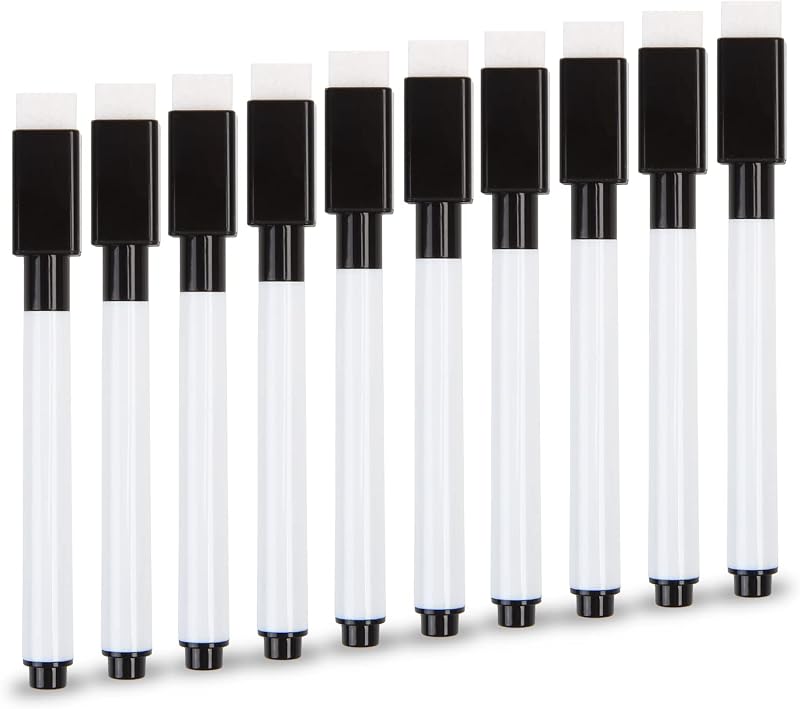 VEYLIN Small Whiteboard Pens 10Pcs Black Dry Wipe Fine Tip with Eraser