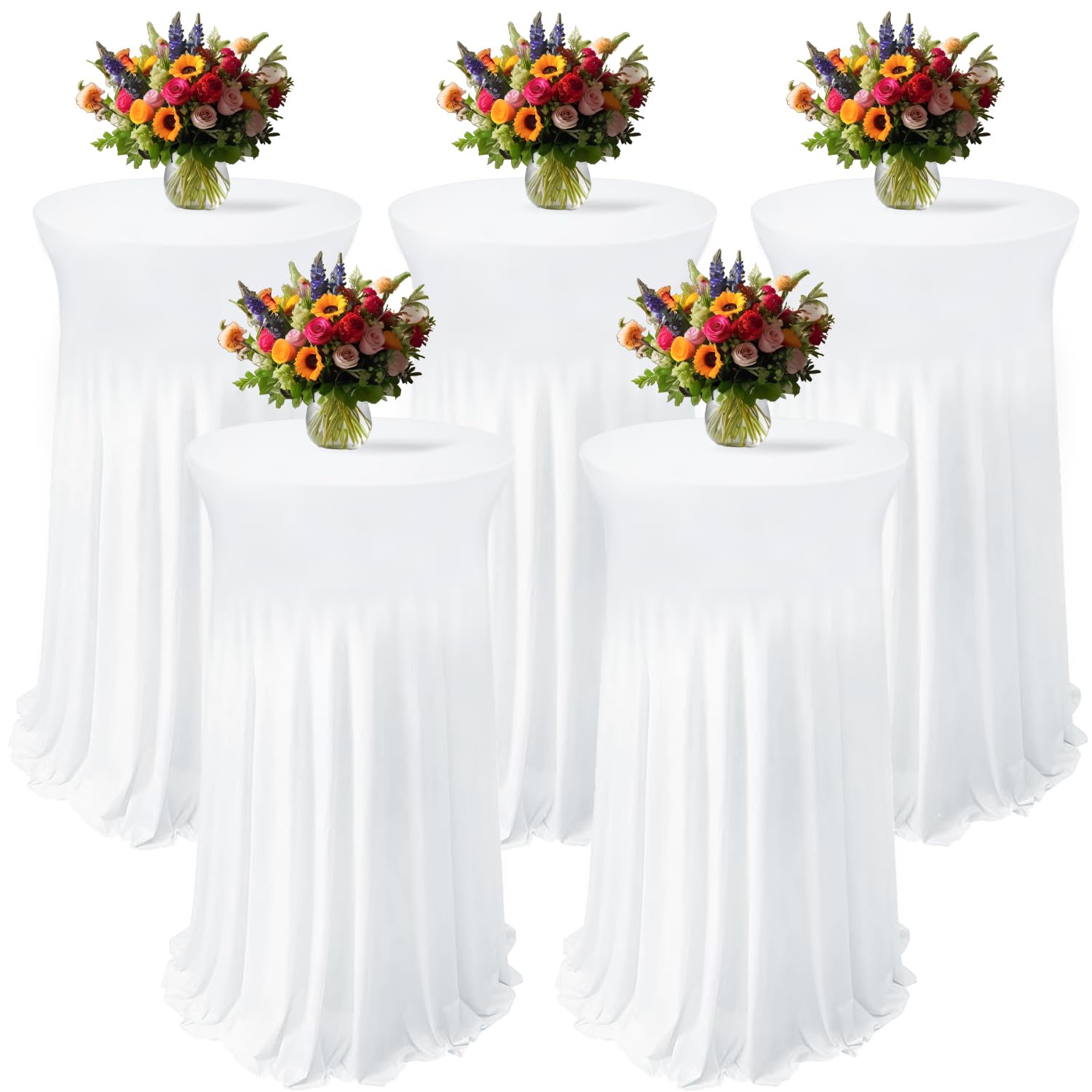 Photo 1 of PWDAN 5 Pack Spandex Cocktail Tablecloths with Skirt, 32 x 43 Inch White Round Cocktail Table Covers Stretch Table Cloths for High Top Tables, Bars, Weddings, Parties, Banquets