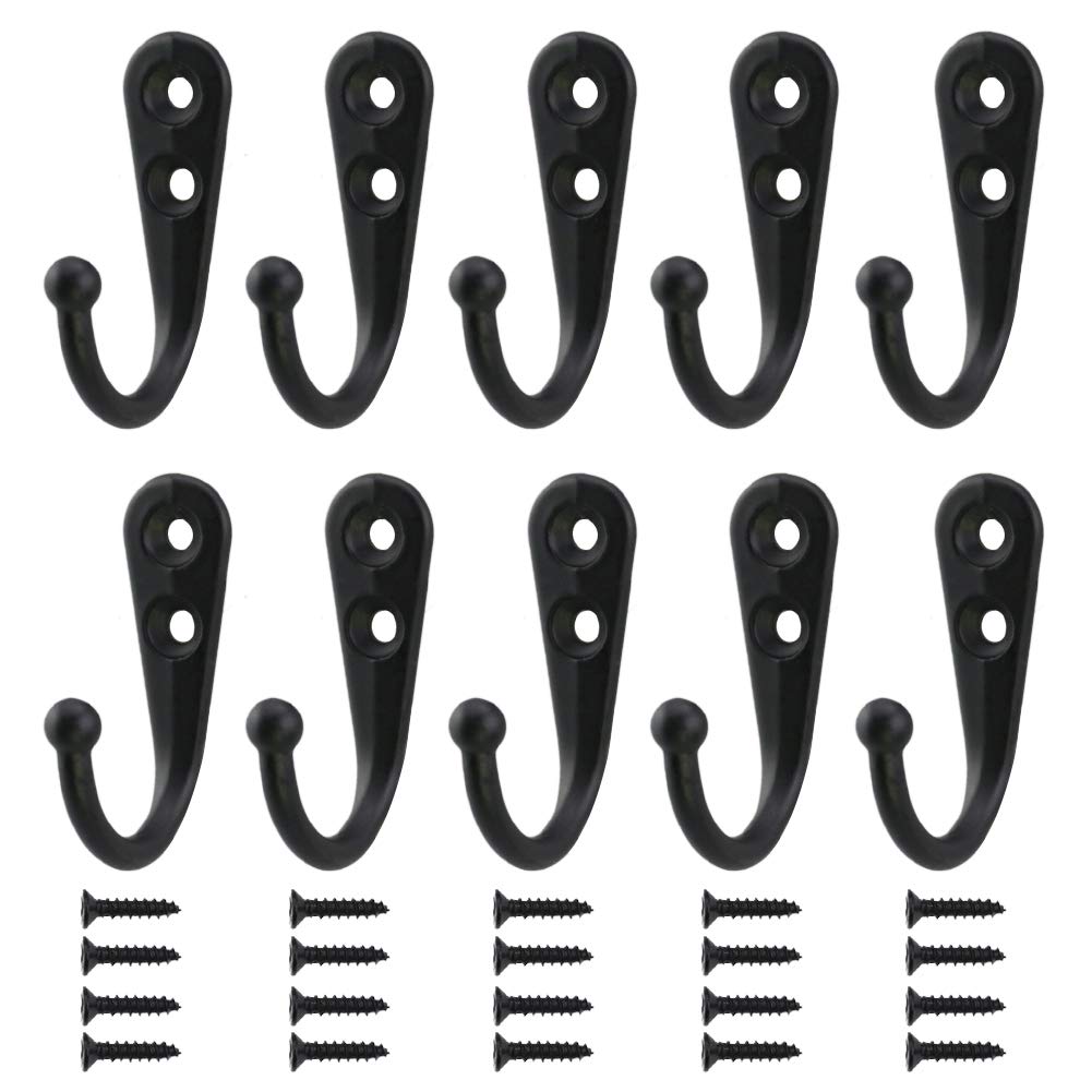 10 Pieces Wall Mounted Hooks Coat Hooks Robe Hooks Hangers with 20 Pieces Screws in Nickel,Black