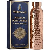 WILLOWCRAFT 100% Pure Copper Water Bottle for Drinking Water &ndash; 34 oz (1000ml) Hammered Finish Leak-Proof Lid | Ayurvedic Copper Vessel for Yoga, Gym, Office &amp; Home