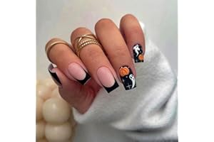 OCOUYVD Halloween Press on Nails Square Black French Tip Fake Nails Medium Full Cover False Nails with Cute Ghost Designs Fall Holiday Acrylic Nails Reusable Matte Artificial Nails for Women Girls