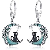 MEDWISE Black Cat Earrings for Women 925 Sterling Silver Leverback Cute Animal Dangle Drop Earrings Cats Lover Christmas Gifts