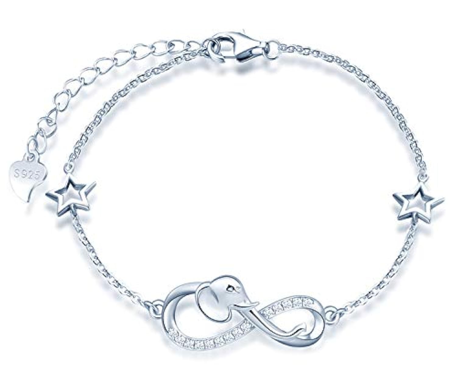 MicLee Woman's girl's Bracelet, 925 Sterling Silver bracelet, Elephant and infinity symbol bracelet, with mini hollow star, Inlaid zircon, adjustable chain, design of animal bracelet