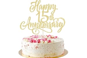 AROKIPPRY golden Glitter Happy 15th Anniversary Cake Topper - for 15th Wedding Anniversary/Company Anniversary Party / 15th Birthday Party Decorations