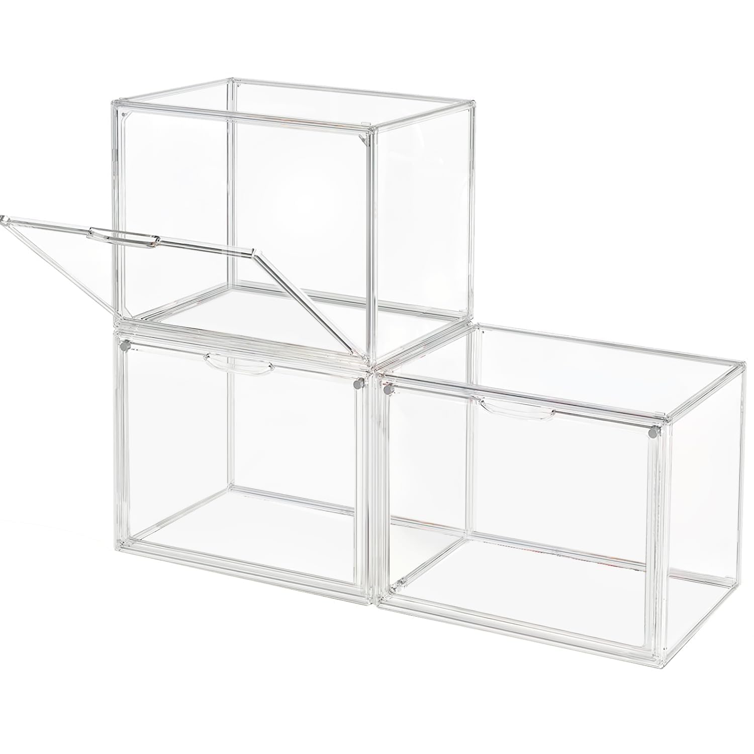 Photo 1 of GUDEMAY Clear Stackable Plastic Storage Bins with Magnetic Lid, Dustproof Book & Cosmetic Display Cases, Large Figures Collectibles Showcase, Shoe Box, Protection Organizer (Transparent, L-3 Pack)