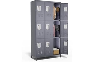 VIYET 9 Door Metal Lockers for Employees,9 Heavy-Duty Hooks,72" Secure Storage for Home,Offices,Schools & Gyms | Gray