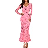 ZESICA Women's Fall Floral Long Sleeve Maxi Dress 2026 Boho Bodycon V Neck Ruffle Wedding Party Long Dresses
