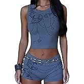 RISCUYY Short Sets Women 2 Piece Outfits Printed Sleeveless Crop Tank Top and Shorts Workout Set Active Wear