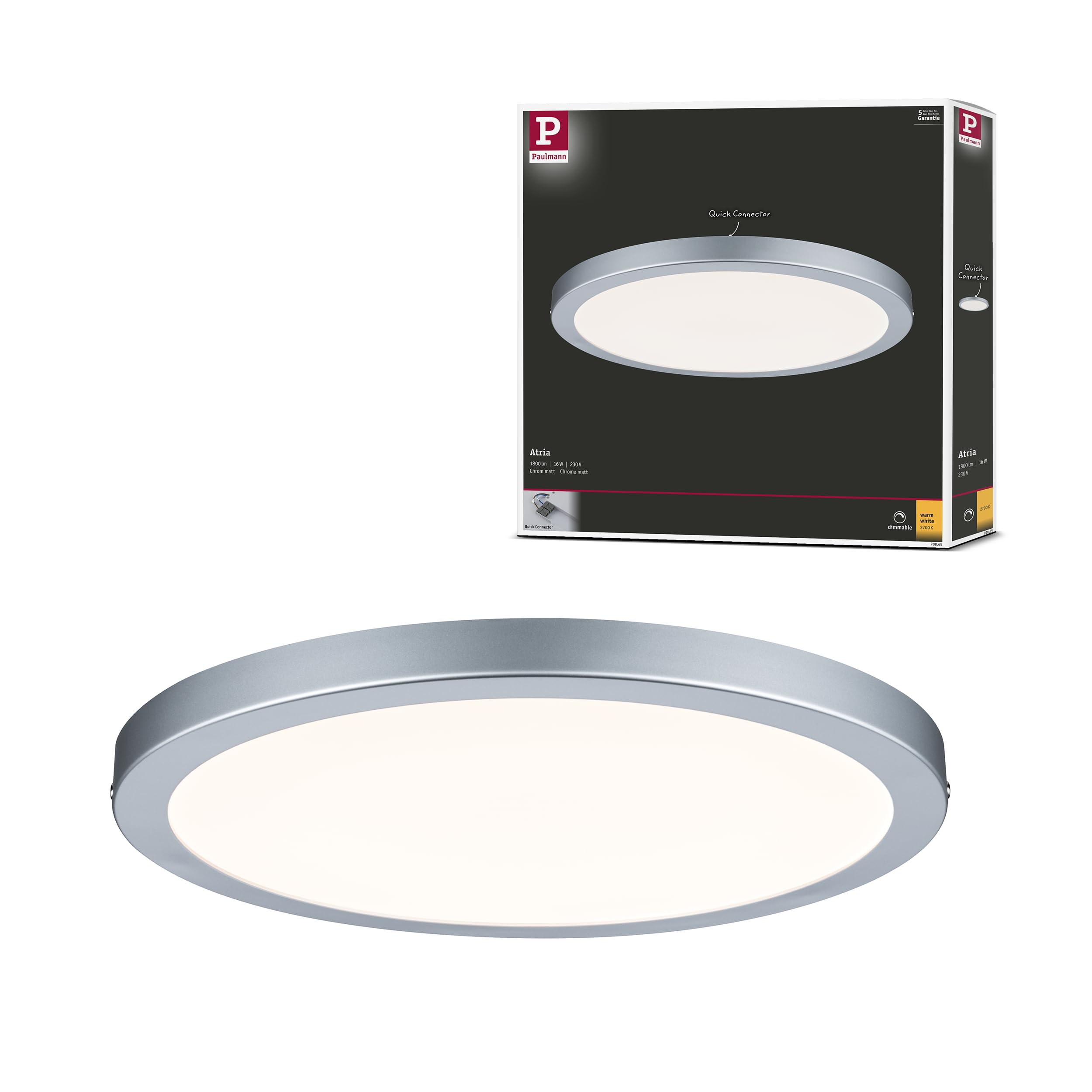 Paulmann 70865 LED Atria mounting Panel Round Ceiling luminaire 22W Light 2700K Warm White Chrome matt dimmable for Wall and Ceiling mounting