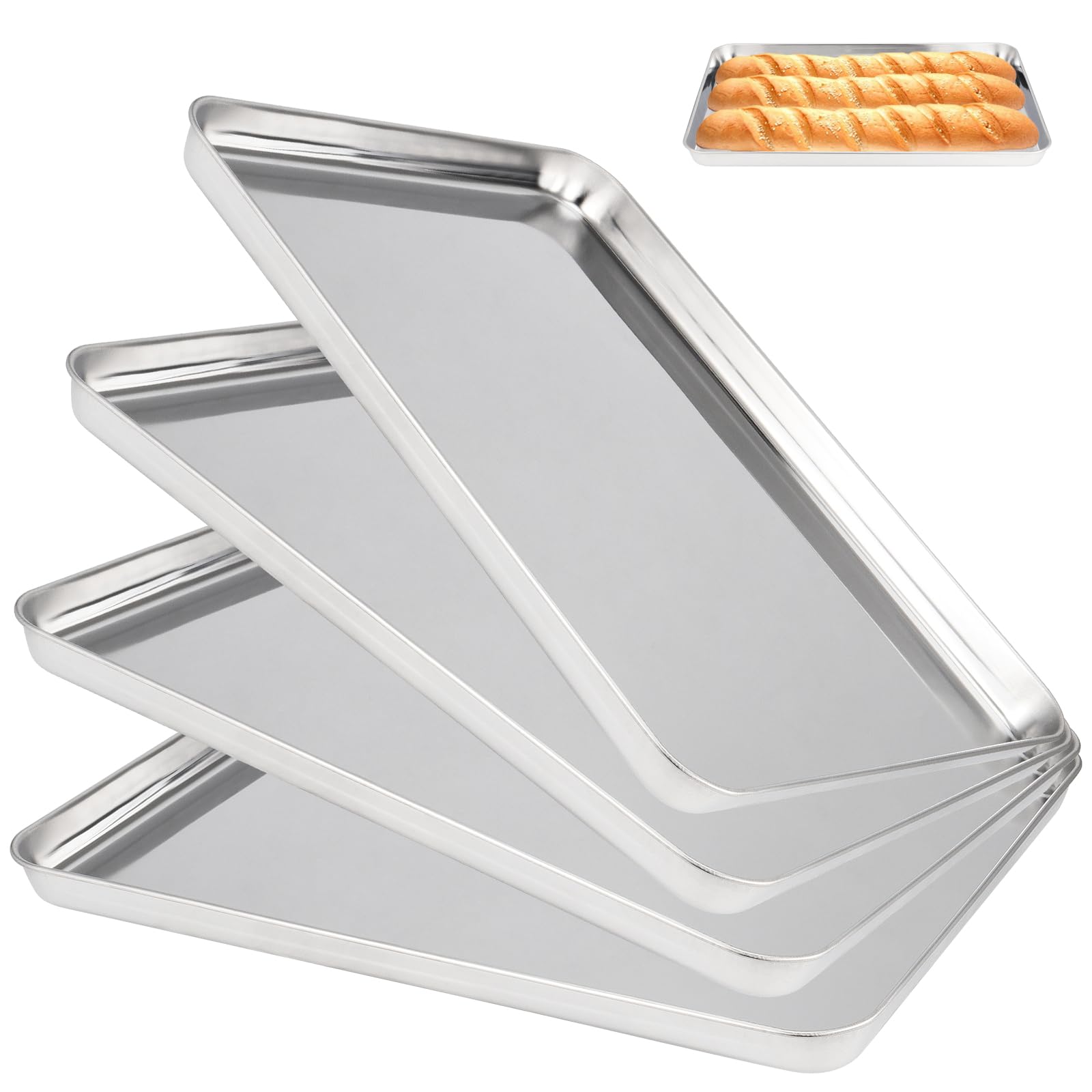 MAHIONG Stainless Steel Baking Trays Set of 4, Large Cooking Sheets Rectangular Oven Tray for Baking, Roasting, and Cooking, Mirror Finished, Dishwasher Safe (40.5 x 30.5 x 2.5cm)