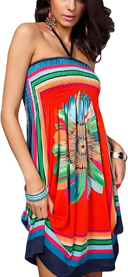 Amazon ビグッド Bigood ホルターネック ワンピース レディース 膝丈 プリント リゾートドレス 可愛い サンドレス ビーチ ワンピース チュニック 通販