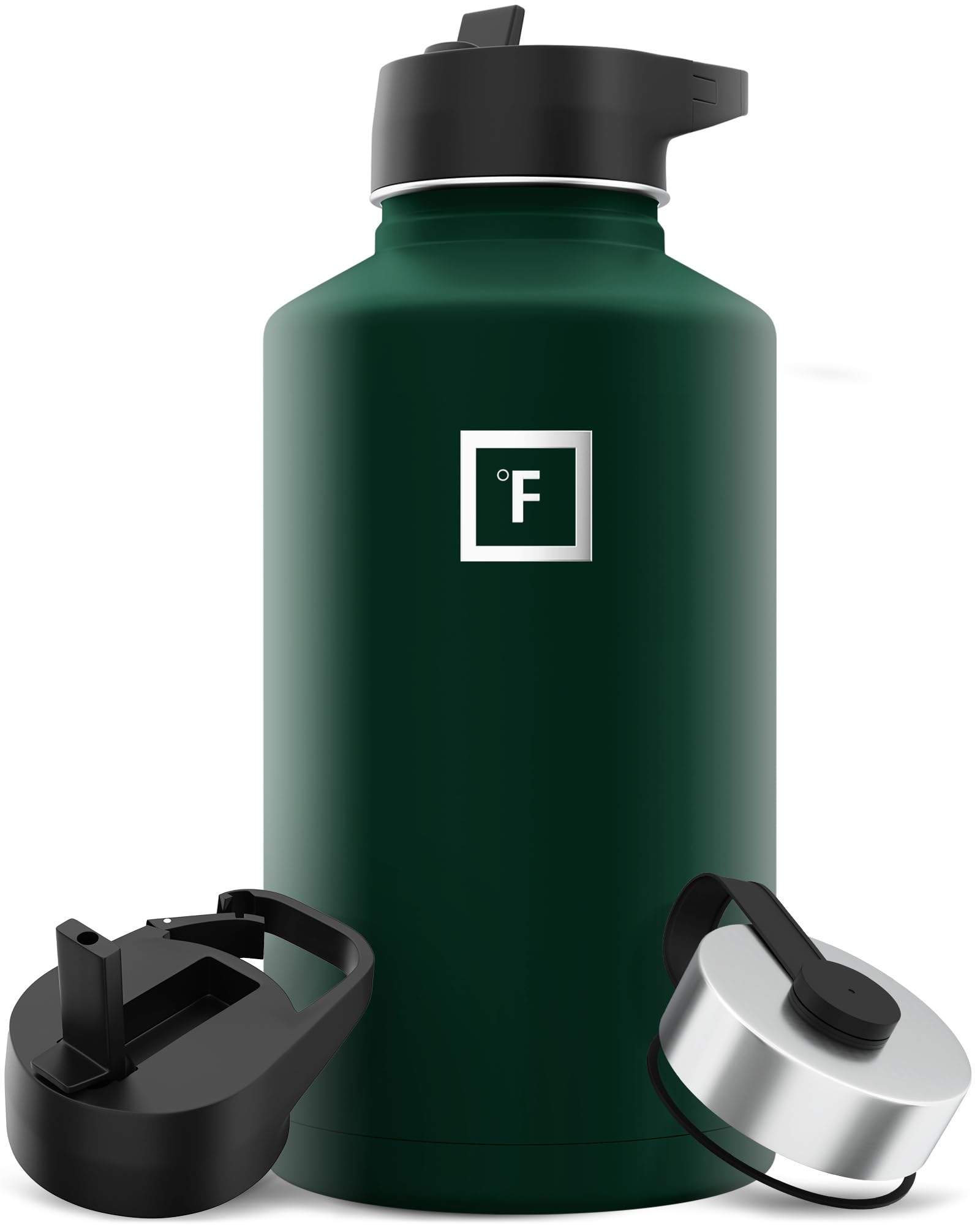 Photo 1 of IRON °FLASK Camping & Hiking Hydration Flask with 3 Lids - Stainless Steel, Double Walled & Vacuum Insulated Water Bottle - Leak Proof & BPA Free (Dark Pine, Straw - 64 oz)
