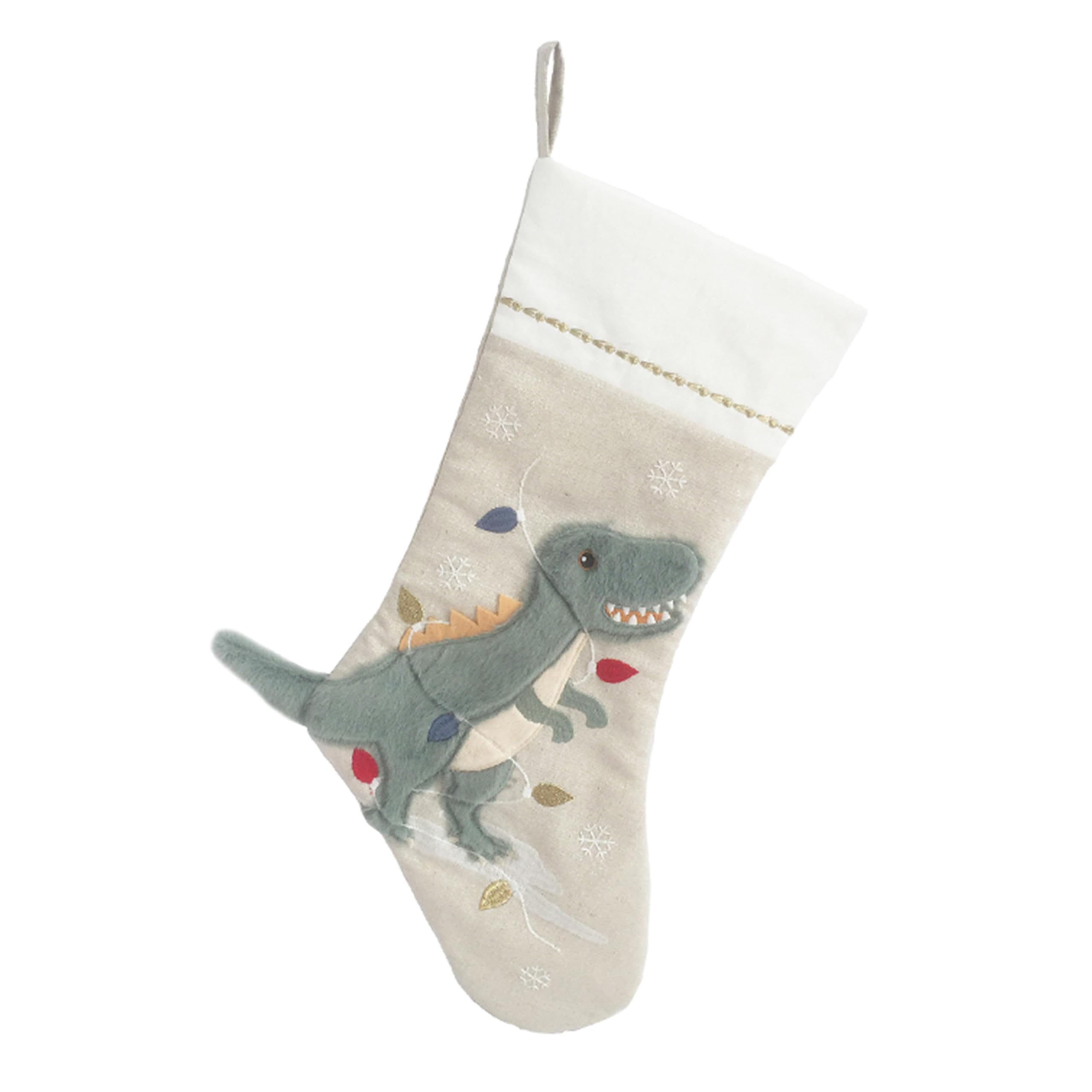 MON AMI Festive Dino Linen Christmas Stocking – 21" Christmas Décor, Perfect for Monogramming