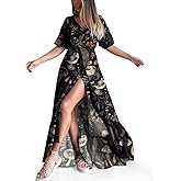 CORAMOON Summer Dresses for Womens V Neck Casual Short Sleeve Sundresses Women's Maxi Beach Dress Vacation Outfits for Woman