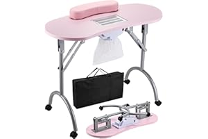 Faquenc Manicure Table with Nail Dust Collector, Portable Nail Table Rolling Nail Desk Nail Tech Travel Nail Station Foldable Professional Nail Salon Table with Cacuum,Arm Rest,Lockable Wheel,Bag,Pink