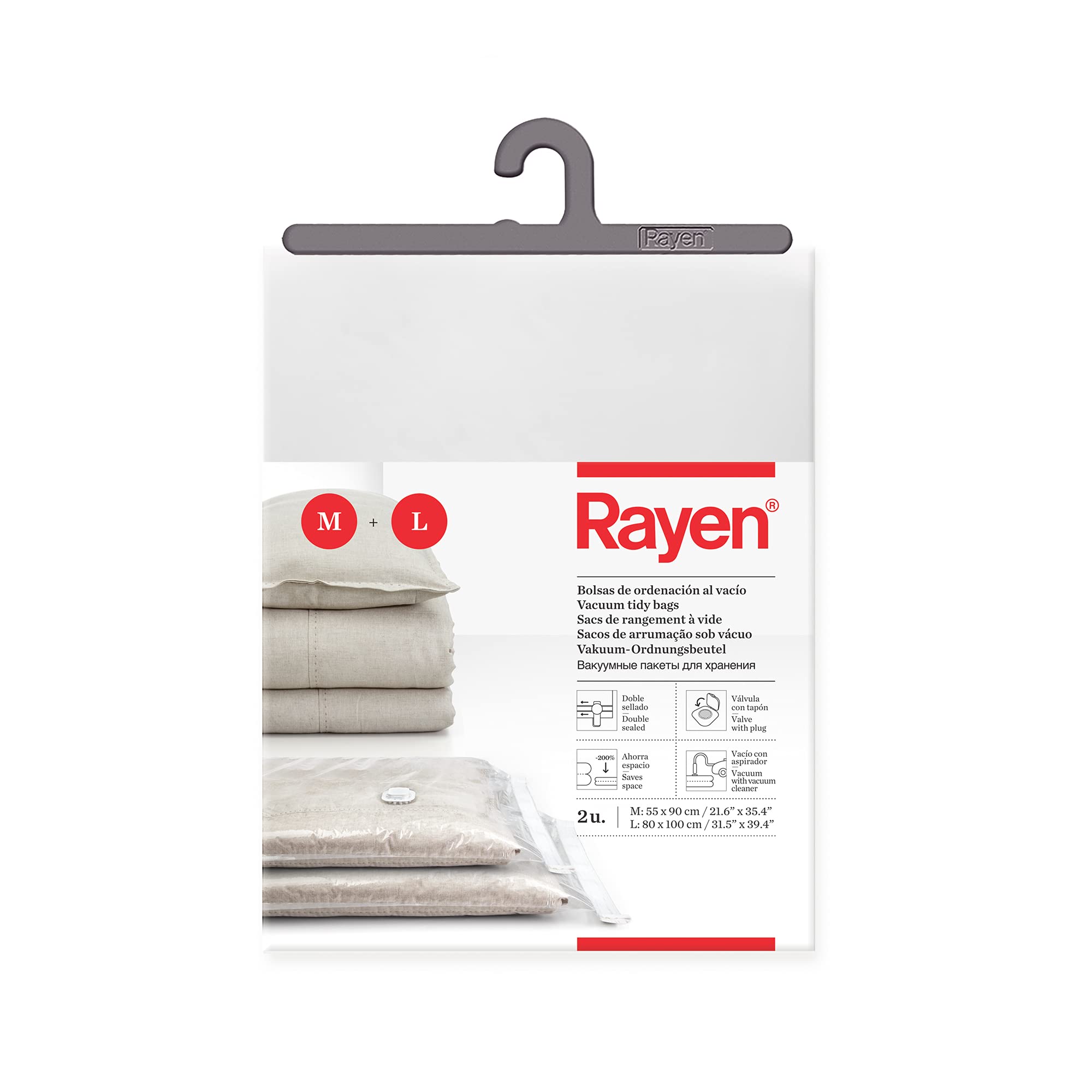 Rayen - Vacuum space saver bags for clothes. Vacuum storage bags for clothes. Set of 2 bags (55 x 90 cm and 80 x 100 cm). Transparent