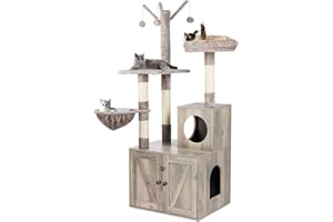 Timberer Litter Box Enclosure with Cat Tree, 2-in-1 Cat Tree Tower, Hidden Cat Litter Box Furniture with Scratching Post, Modern Cat Condo, Grey
