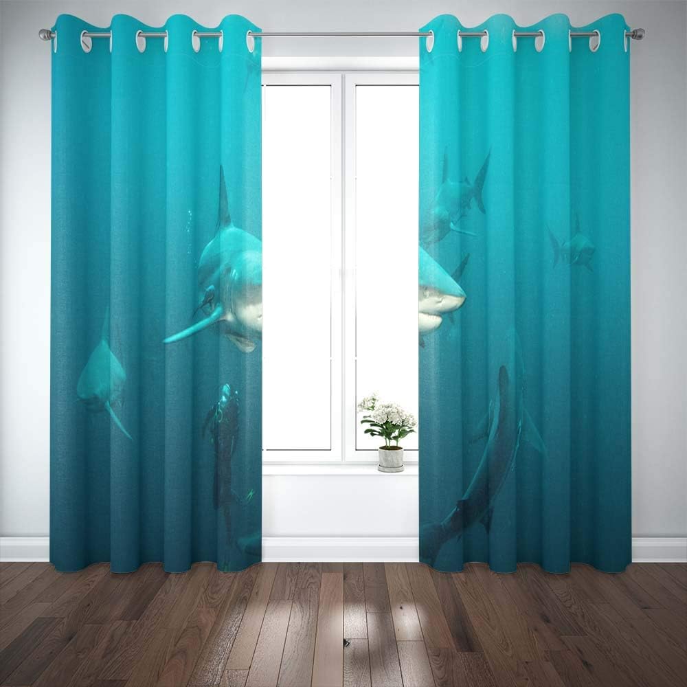 Shorping 52X84 Inch 3D Window Curtains, Privacy Window Curtain Oceanic Black Tip Shark Window Blackout Curtains for Bedroom,2 Pc