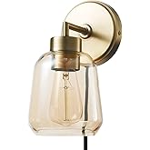 Globe Electric 51715 1-Light Plug-in or Hardwire Wall Sconce, Matte Brass, Smoked Amber Glass Shade, Black Fabric Cord, in-Li