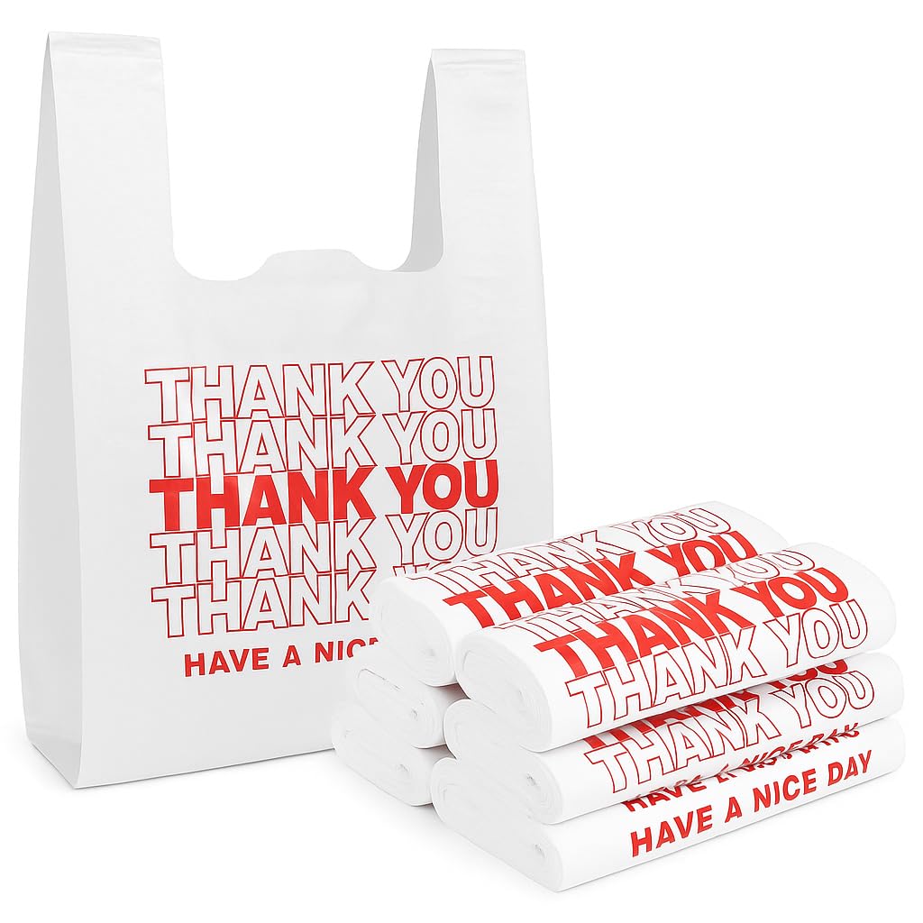 Photo 1 of [50 Count] White "Thank You" HDPE T Shirt Bags with Handles – Heavy Duty 26 Micron (?1.0 mil) 11" x 6" x 21" (1/6 BBL) – Recyclable Takeout & Carryout Bags for bakries, Restaurants, Retail & shopping