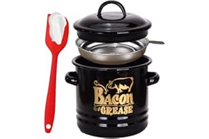 Bacon Grease Container with Strainer 46oz Large Enamel Bacon Grease Jar with Lid & Spatula Greasy Container for Kitchen, Blac