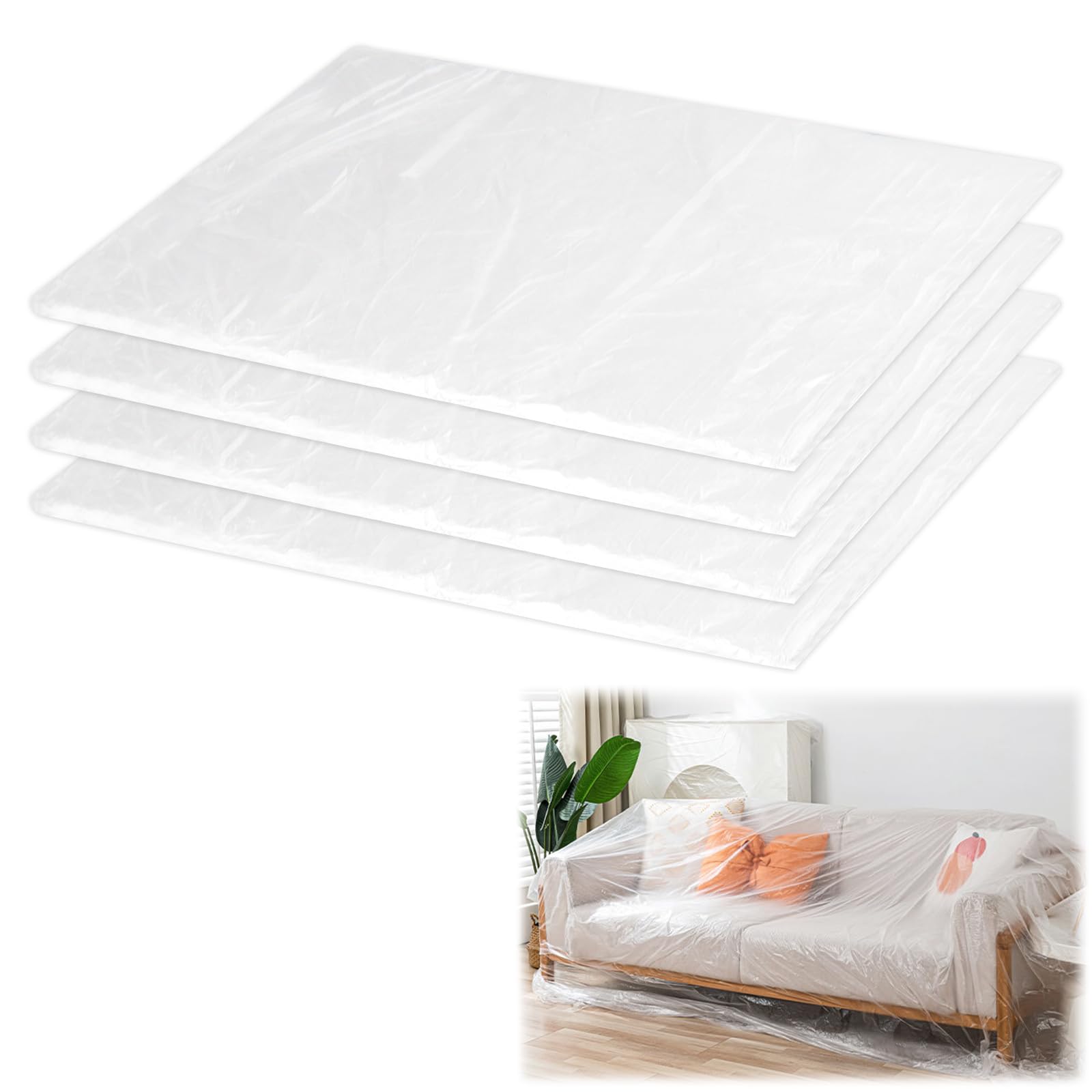 TOPCZY 4Pcs Large Plastic Dustproof Sheets, 4x5m Painters Masking Film Shields, 80m² Transparent Decorating Polythene Sheeting with 1.5m Tape Measure, Clear Dust Sheets for Furniture Cabinet Covering