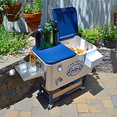 Tommy Bahama 100 Qt Stainless Steel Rolling Party Cooler Patio Beach Portable Ice Cooler With Wheels With Portable Tray 130 Can Capacity