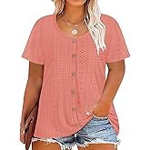 RITERA Plus Size Tops for Women Crewneck Neck with Button Up Short Sleeve Embroidery Henley Tshirt Casual Basic Shirt XL-5XL