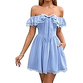 EYNMIN Women's Off The Shoulder Mini Dress Lace Bow Tie Flowy A Line Cute Casual Short Dresses with Pocket