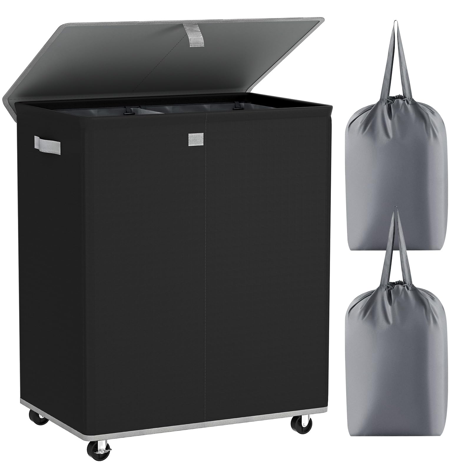 Photo 1 of Chrislley Double Laundry Hamper with Wheels 160L Large Laundry Basket with Lid,Rolling Dirty Clothes Hamper 2 section with Removable Liner Bags, Collapsible Laundry Organizer for Bedroom, Dorm,Black