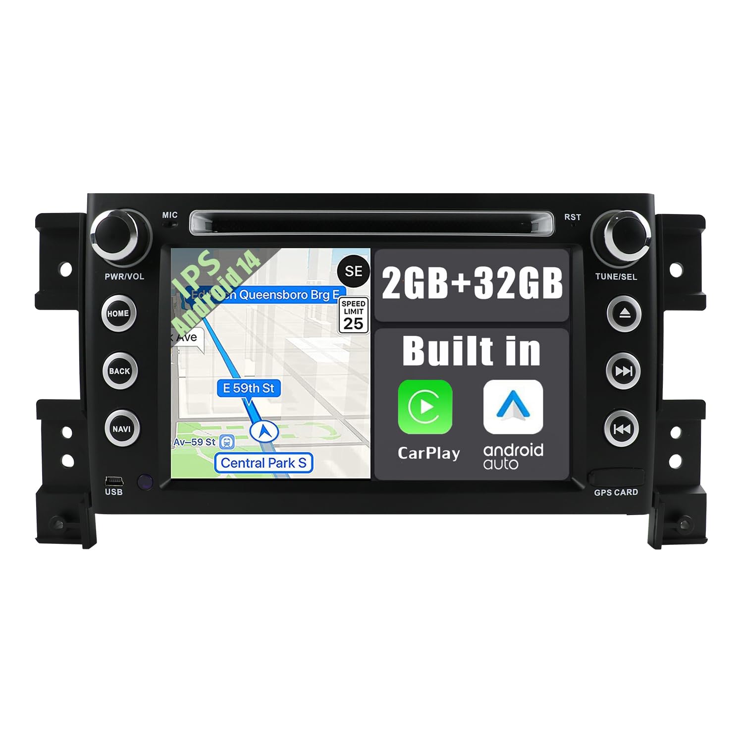 YUNTX Android 14 Car Stereo Fit for Suzuki Grand Vitara(2005-2013)-[Built-in CarPlay/Android auto/GPS]- Camera-IPS 2.5D Touchscreen-DAB/MirrorLink/Bluetooth 5.0/Steering Wheel Control/WiFi/USB/4G