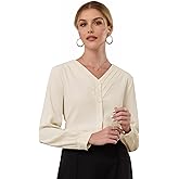 Hobemty Women's Dressy Casual Blouse Pleated V Neck Long Sleeve Business Shirt Top