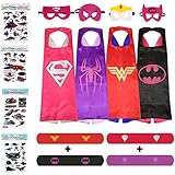 Superhero Costumes For Girls – 4 Capes and Masks + 4 Superhero Stickers + 4 Special Bracelets – Dress Up Kids Toys