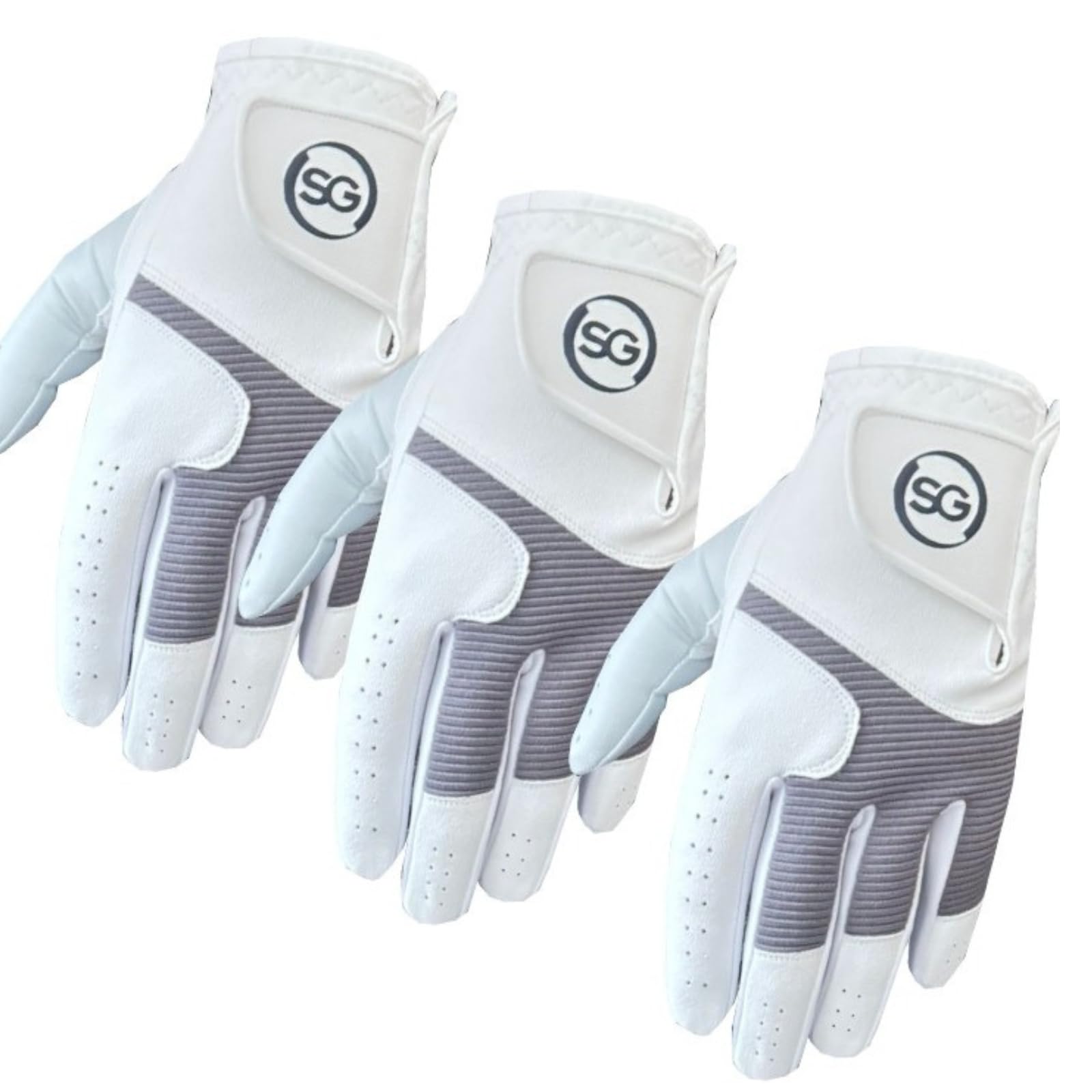 Pack of 3 Synthetic microfiber Men's Golf Gloves Cabretta Leather Thumb, Palm Patch, Suitable for All Weather Conditions, Soft Feel Grip, Left/Right Handed Golfer, White&Grey Pilot (L, Right)