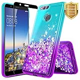 Huawei Honor 7X Case, Huawei Mate SE w/[Full Coverage Tempered Glass Screen Protector], NageBee Glitter Liquid Quicksand Waterfall Floating Flowing Sparkle Bling Diamond Girls Cute Case -Aqua/Purple