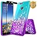 Huawei Honor 7X Case, Huawei Mate SE w/[Full Coverage Tempered Glass Screen Protector], NageBee Glitter Liquid Quicksand Waterfall Floating Flowing Sparkle Bling Diamond Girls Cute Case -Aqua/Purple