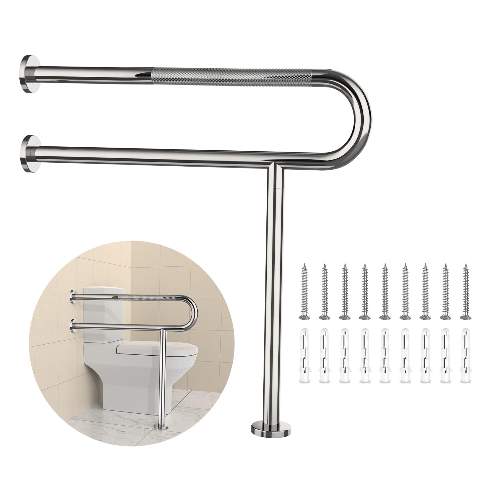 Photo 1 of Toilet Grab Bar 31.3 Inch with Leg, YuanDe Chrome Anti-Slip Toilet Handrail, Wall & Floor Mounted Stainless Steel Grab Bar, Knurled Handicap Support Rail for Elderly, Disabled, Pregnant